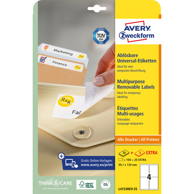 AVERY ZWECKFORM Universaletiketten 99,1x139mm L4733REV-25 weiss 120 Stk./25 + 5 Blatt