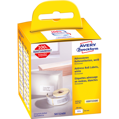 AVERY ZWECKFORM Adress-Etiketten 89x36mm AS0722400 weiss, Rolle 2x260 Stück