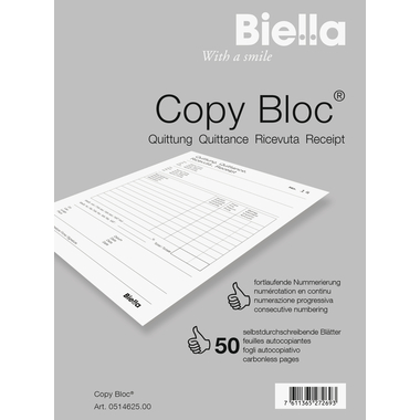 BIELLA Quittance COPY-BLOC D/F/I/E A6 51462500U autocopiante 50x2 feuilles