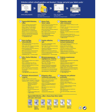 AVERY ZWECKFORM Typenschild-Labels 63,5x29,6mm L6011-8 silber 216 Stück/8 Blatt