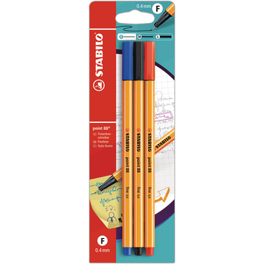 STABILO Fineliner Point 88 0.4mm B-10213-10 schwarz/blau/rot, 3 Stück