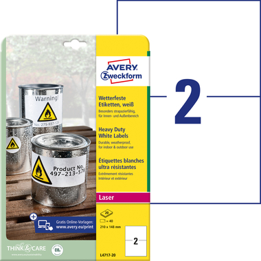 AVERY ZWECKFORM Etiquettes Laser 210x148mm L471720 imperméable blanc 20 flls.