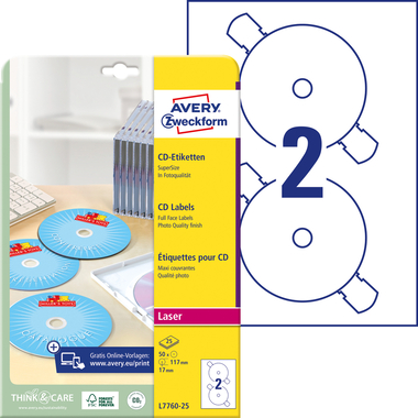 AVERY ZWECKFORM CD-Etiketten Supersize 117mm L7760-25 bianco, glossy 50 pezzi