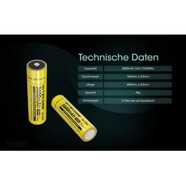 Nitecore Batterie NL1836 Li-Ion Typ 18650 3600 mAh, 1 Pièce/s