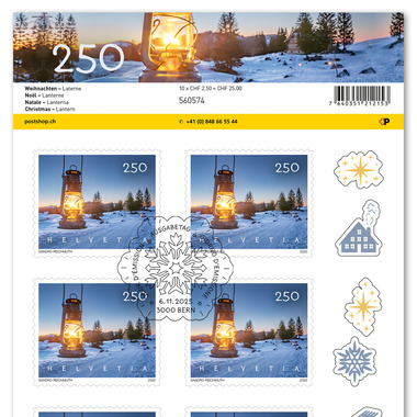 Stamps CHF 2.50 «Lantern», Sheet with 10 stamps Sheet «Christmas», self-adhesive, cancelled
