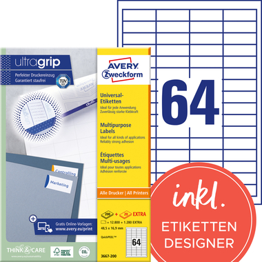 AVERY ZWECKFORM Etiquettes 48,5×16,9mm 3667-200 blanc 14080 pcs./200+20 flls.