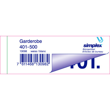SIMPLEX Garderobenblock 401-500 13098 weiss 100 Blatt