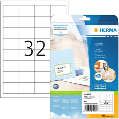 HERMA Etiketten PREMIUM 48.3x33.8mm 4200 weiss,perm. 800 St./25 Bl.