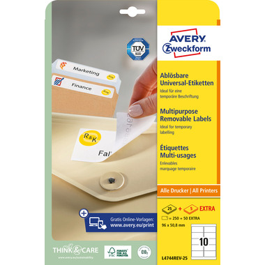 AVERY ZWECKFORM Étique. univers. 96x50,8mm L4744REV-25 blanc 300 pcs./25 + 5 flls.