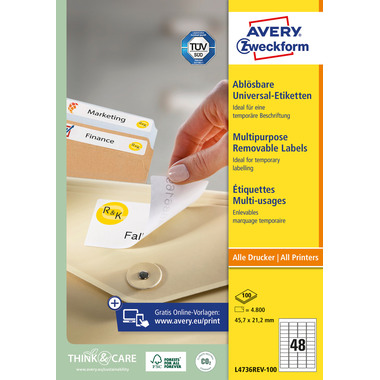 AVERY ZWECKFORM Universaletiketten 45,7x21,2mm L4736REV-100 weiss,non-perm. 4800S./100B.