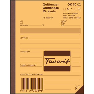 FAVORIT Quittance D/F/I A6 8096OK bleu/blanc 50x2 feuilles
