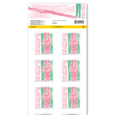 Briefmarken CHF 1.00+0.50 «Linus», Bogen mit 10 Marken Bogen «Pro Juventute – Einander unterstützen», selbstklebend, ungestempelt
