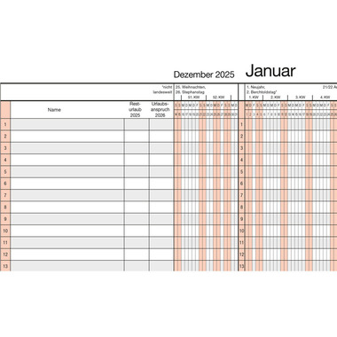BÜHNER Ferienplaner DE 2026 UP12-CH-R-FS für 49 Mitarbeiter 99x49cm
