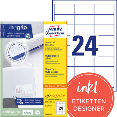 AVERY ZWECKFORM Etiketten 64,6x33,8mm 3658-200 weiss 5280 Stk./200+20 Blatt