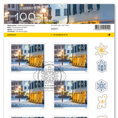 Stamps CHF 1.00 «Christmas lights», Sheet with 10 stamps Sheet «Christmas», self-adhesive, cancelled