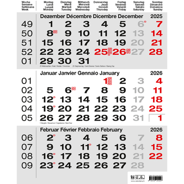 CALENDARIA Calendrier murale 3 mois 2026 9783036205526 gris 31x40cm