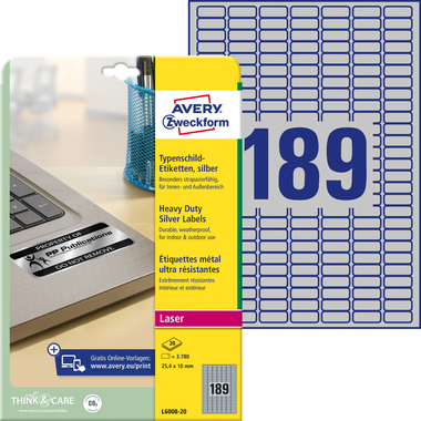 AVERY ZWECKFORM Typenschild-Labels 25,4x10mm L6008-20 silber, Laser 3780 St./20 Bl.