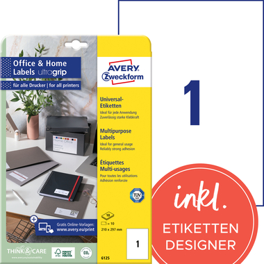AVERY ZWECKFORM Etiketten 210x297mm 6125 weiss 10 Stk./10 Blatt