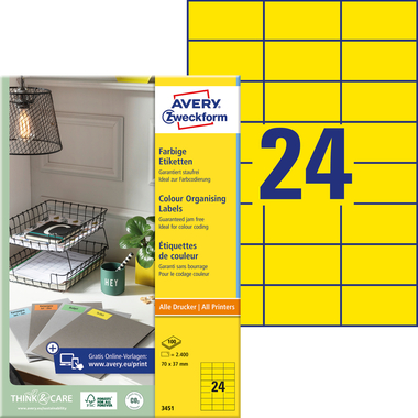 AVERY ZWECKFORM Etiquettes 70x37mm 3451 Universel, jaune 100fl./24pc.