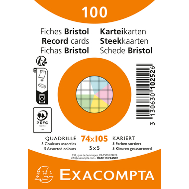 EXACOMPTA Karteikarten kariert 5mm A7 10252E farbig assortiert 100 Stück