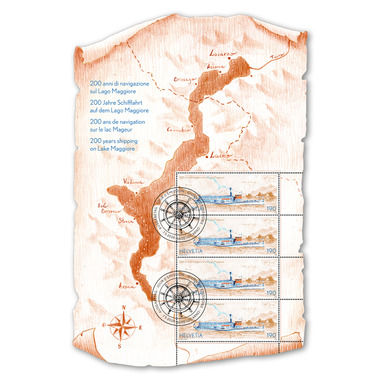 Stamps CHF 1.90 «200 years shipping on Lake Maggiore», Special sheet with 4 stamps Sheet «200 years shipping on Lake Maggiore», gummed, cancelled