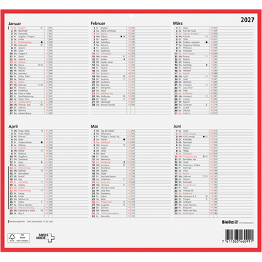BIELLA Calendrier mural 2027 871006900027U 6M/1P rouge/blanc DE 32x29.7cm