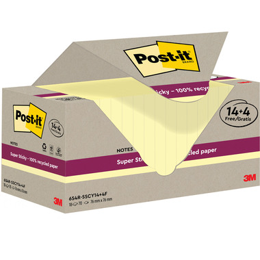 POST-IT SuperSticky Notes 76x76mm 654 RSSCY 14+4F Recycling, giallo 18x70 fogli