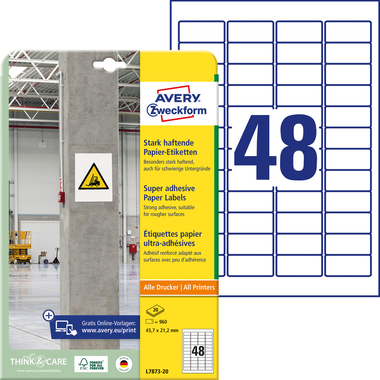 AVERY ZWECKFORM Etiketten Univ. 45.7x21.2mm L7873-20 weiss, stark haftend 20 Blatt