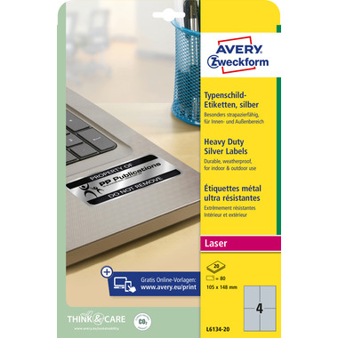 AVERY ZWECKFORM Typenschild Label 105x148mm L613420 silber 80 Stück/20 Blatt