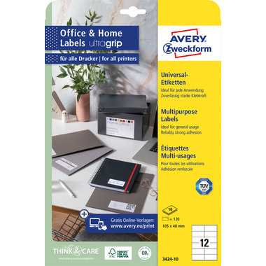AVERY ZWECKFORM Etiketten 48x105mm 3424-10 weiss, perm. 10 Blatt/12 Stk.