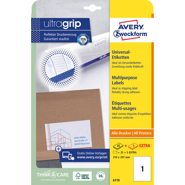 AVERY ZWECKFORM Universal-Etikett. 210x297mm 6119 weiss 30 Stk./25 + 5 Blatt
