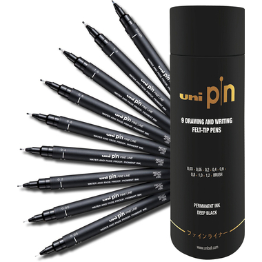 UNI-BALL Fineliner Pin Set PIN2009P schwarz, Tube 9 Stück