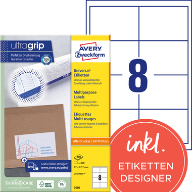 AVERY ZWECKFORM Etiquettes 97×67,7mm 3660 blanc 800 pcs./100 flls.