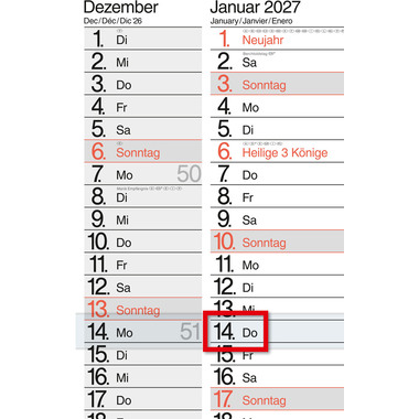 BÜHNER Calendario di 3 mesi 2027 M3TE-R-BLOCK ML 30x59cm