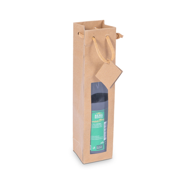 Bottle carrier bag with window & cord in natural 72x68x310mm