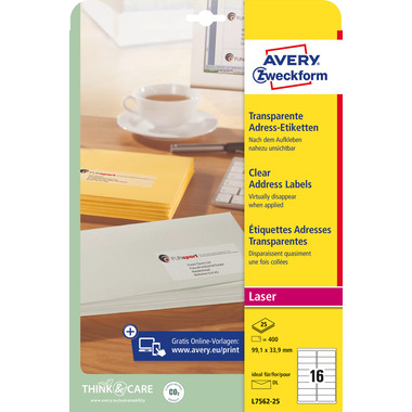 AVERY ZWECKFORM Adress-Etik. Laser 99,1x33,9mm L7562-25 transparent 400 St./16 Blatt