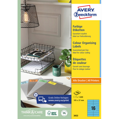 AVERY ZWECKFORM Etiketten 105×37mm 3453 blau 1600 Stück