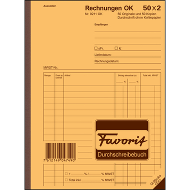 FAVORIT Formularbuch Rechnungen A5 9211 OK Durchschreibepapier 50x2 Blatt