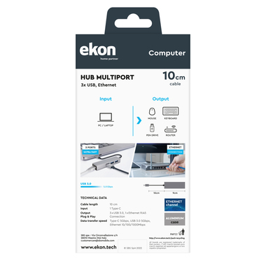 Multi-Port-HUB mit USB-C-Kabel und RJ45-Ethernet-Anschluss | Ekon