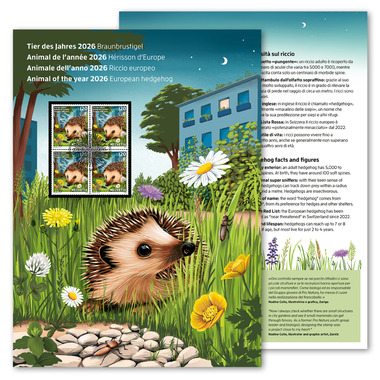 Foglio souvenir «Animale dell’anno 2026 – Riccio europeo» Quartina (4 francobolli, valore facciale CHF 4.80) in foglio souvenir, con annullo