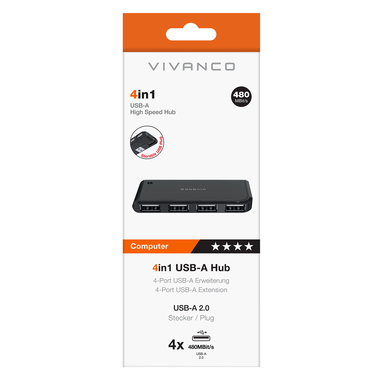 4-in-1 USB-A Hub, 4 USB-A Ports, Black | Vivanco