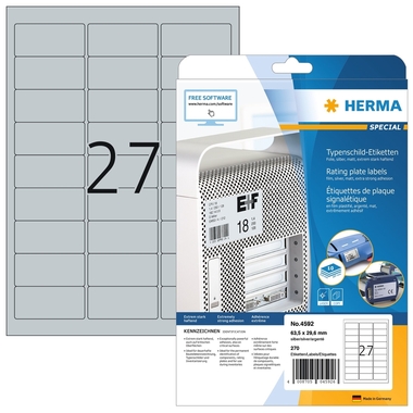 HERMA Typenschild-Etik. 63,5x29,6mm 4592 silber,PP matt 270 Stk./10 Bl.