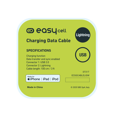 Lightning charging and data transfer cable with USB 2.0 connectors in black, 100 cm long