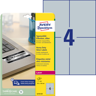 AVERY ZWECKFORM Typenschild Label 105x148mm L613420 silber 80 Stück/20 Blatt