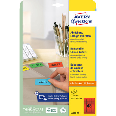 AVERY ZWECKFORM Etiketten 45.7x21.2mm L6038-20 rot 20Bl./48Stk.