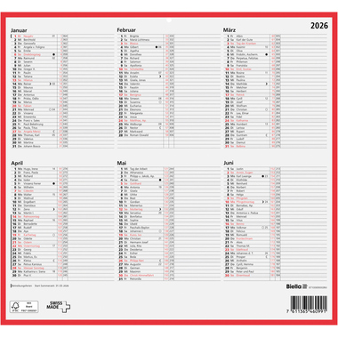 BIELLA Calendrier mural 2026 871006900026U 6M/1P rouge/blanc DE 32x29.7cm