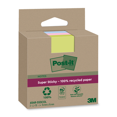 POST-IT SuperSticky Notes 76x76mm 654 RSS3COL Recycling,assort. 3x70 Blatt