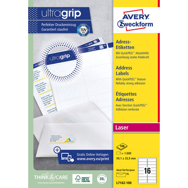 AVERY ZWECKFORM Adressetiketten 99,1x33,9mm L7162-100 weiss 1600 Stk./100 Blatt