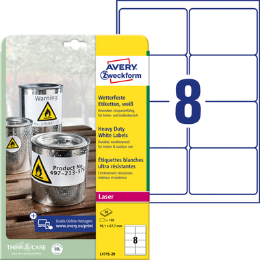 AVERY ZWECKFORM Etichette foglia 99,1x67,7mm L4715-20 bianco, perm. 160pz./20fl.