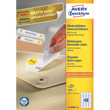 AVERY ZWECKFORM Universaletiketten 45,7x21,2mm L4736REV-100 weiss,non-perm. 4800S./100B.